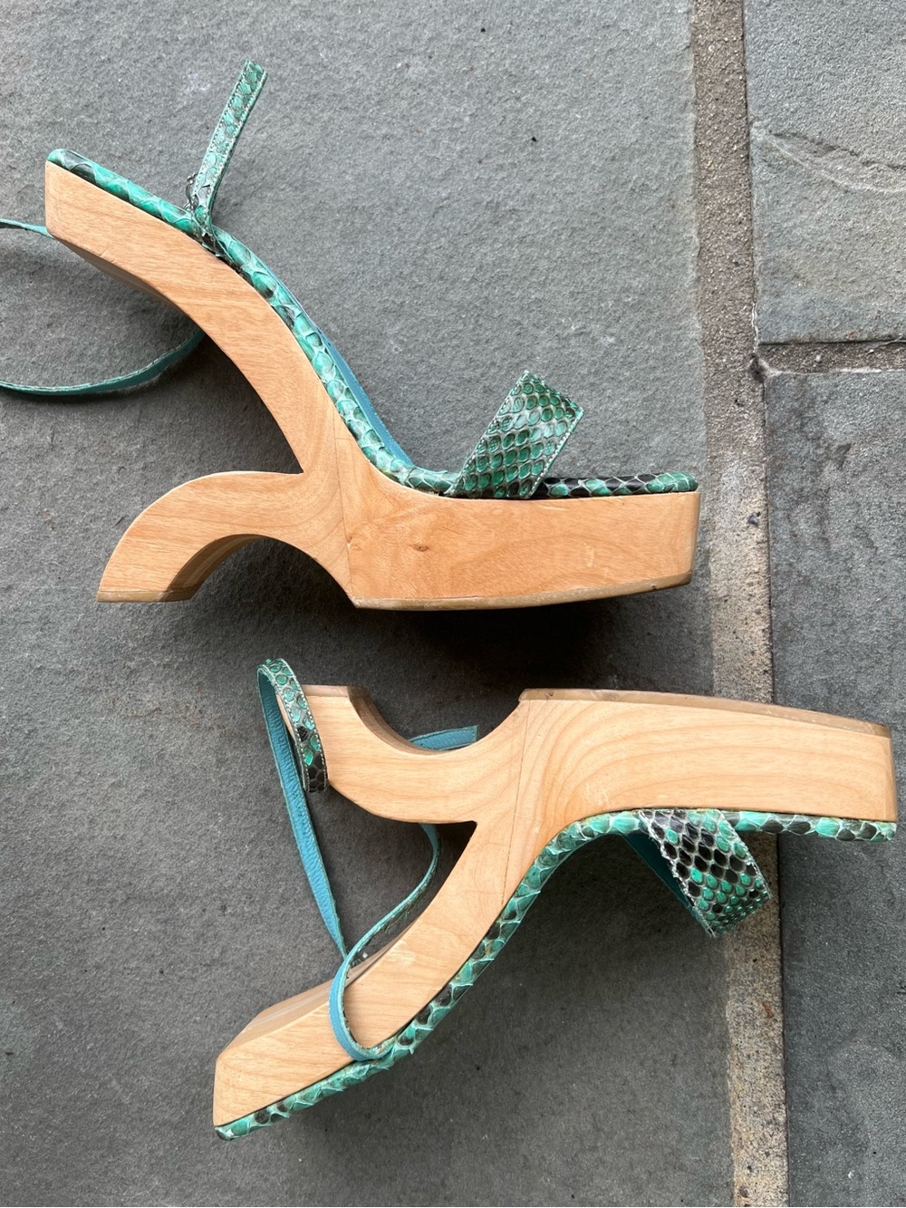 Teal Snake-Print Ankle-Strap Wedge Sandals by